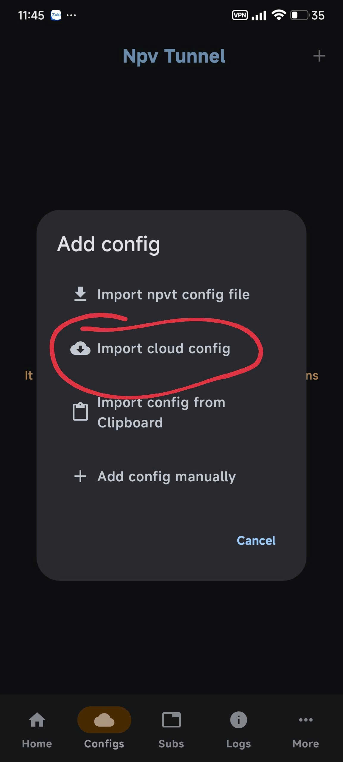 Chọn Import cloud config